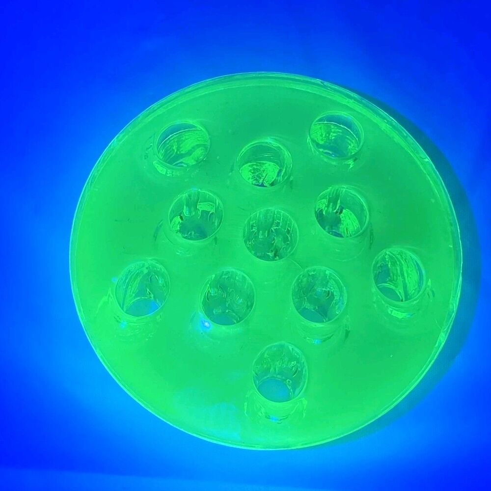 Vaseline Uranium Glass Flower Frog 11 Holes Glows UV Green Vintage 3" Diameter - Picture 10 of 10